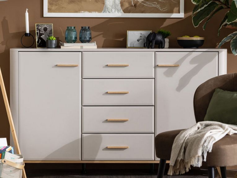 Credenza Bianco Crema Marrone Rovere Nodi 2 Ripiani 4 Cassetti 154x40x90.5h cm, 2 Ante - Illorai