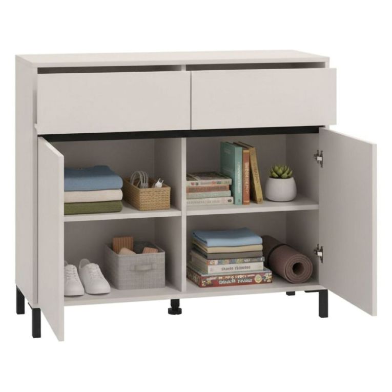Credenza Bianco Crema Nero 2 Cassetti 2 Ripiani 106x40x90h cm, Apertura Battente, Scorrevole - Giarree
