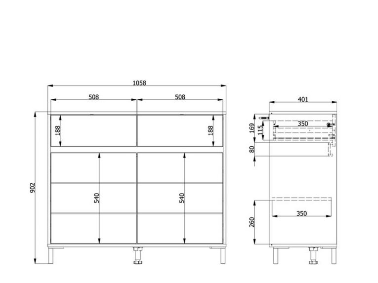 Credenza Bianco Crema Nero 2 Cassetti 2 Ripiani 106x40x90h cm, Apertura Battente, Scorrevole - Giarree