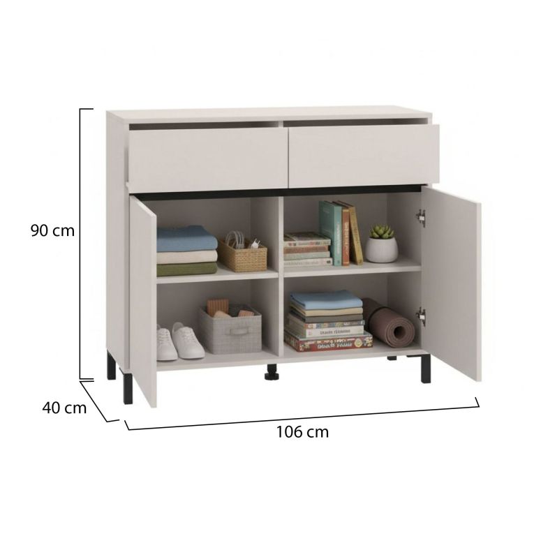 Credenza Bianco Crema Nero 2 Cassetti 2 Ripiani 106x40x90h cm, Apertura Battente, Scorrevole - Giarree