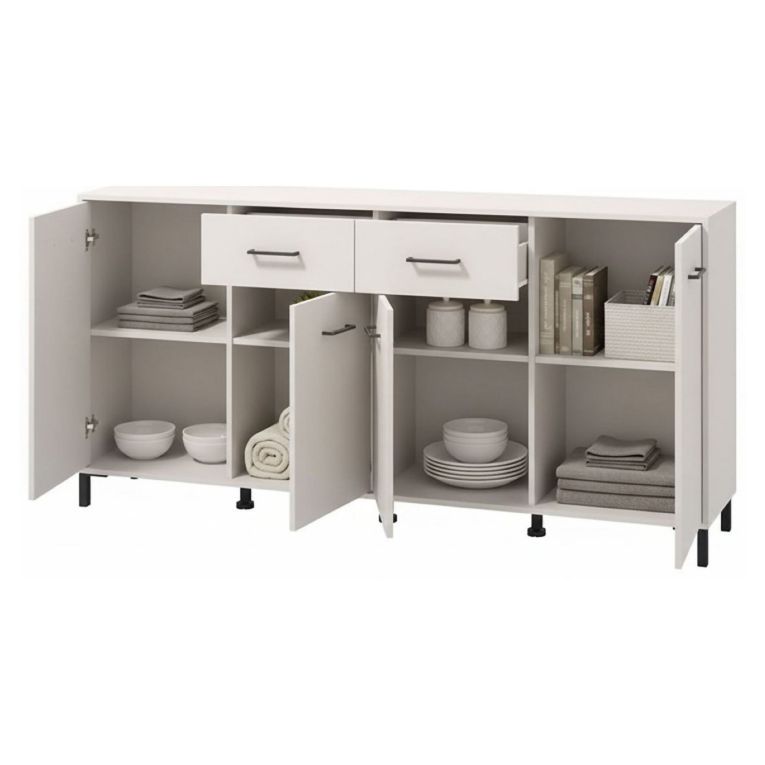 Credenza Bianco Crema Nero 2 Cassetti 4 Ripiani 183x40x90h cm, Apertura Battente, Scorrevole - Grondona