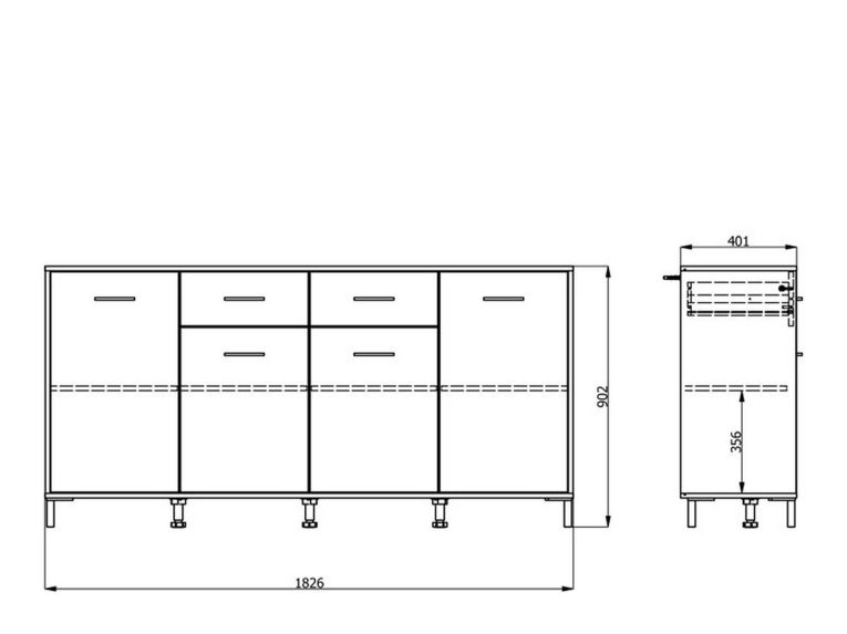 Credenza Bianco Crema Nero 2 Cassetti 4 Ripiani 183x40x90h cm, Apertura Battente, Scorrevole - Grondona