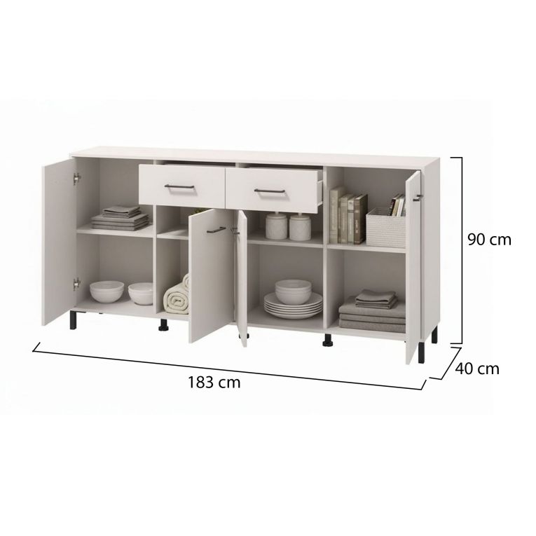 Credenza Bianco Crema Nero 2 Cassetti 4 Ripiani 183x40x90h cm, Apertura Battente, Scorrevole - Grondona