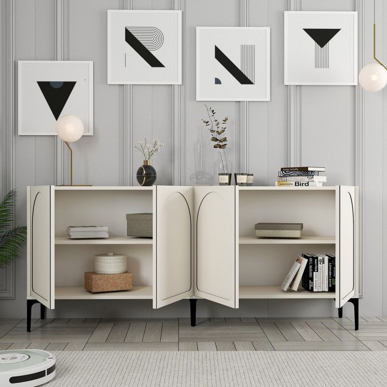 Credenza Bianco Crema Nero 2 Ripiani 4 Vani 180x35x79h cm, 4 Ante - Torno