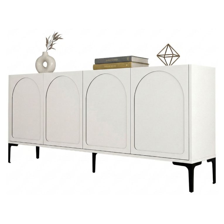 Credenza Bianco Crema Nero 2 Ripiani 4 Vani 180x35x79h cm, 4 Ante - Torno