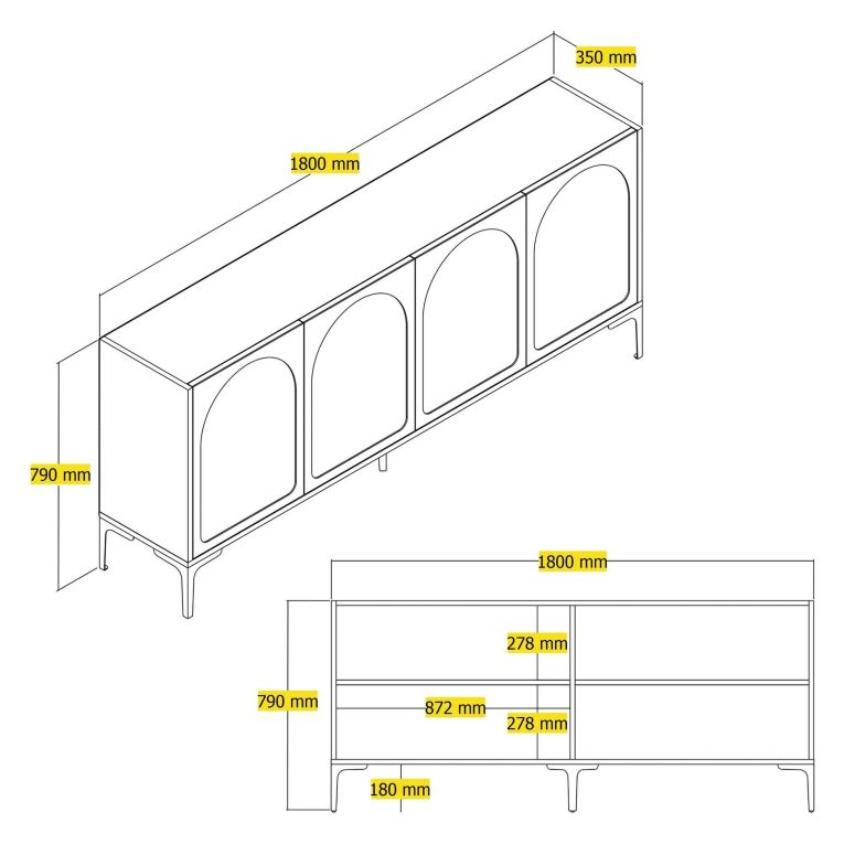 Credenza Bianco Crema Nero 2 Ripiani 4 Vani 180x35x79h cm, 4 Ante - Torno