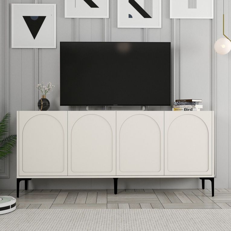 Credenza Bianco Crema Nero 2 Ripiani 4 Vani 180x35x79h cm, 4 Ante - Torno