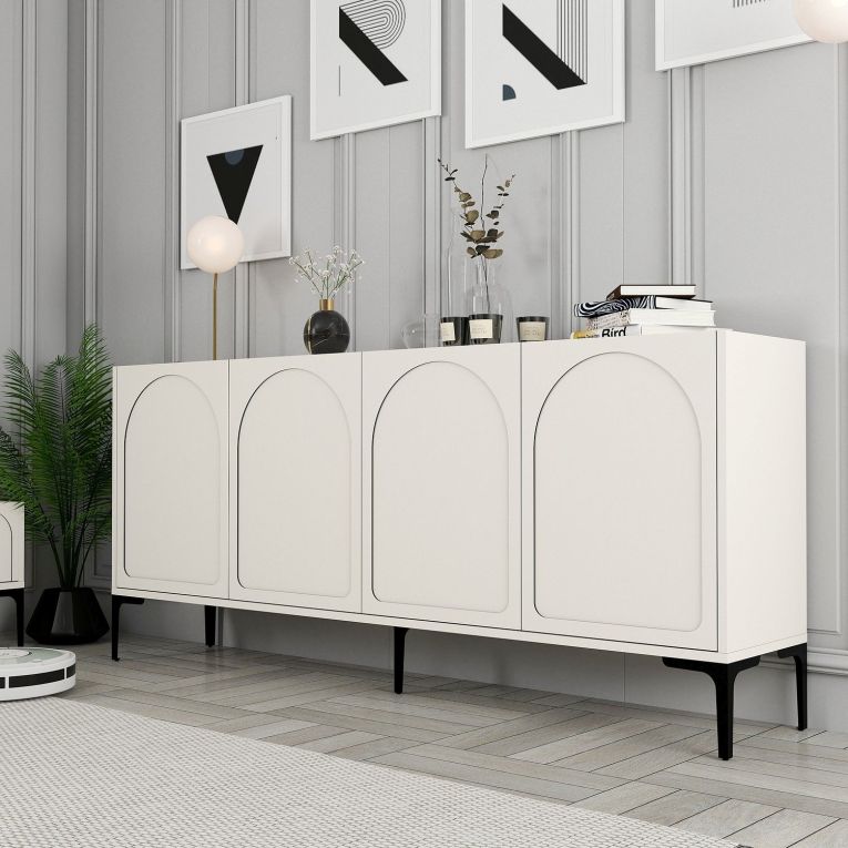 Credenza Bianco Crema Nero 2 Ripiani 4 Vani 180x35x79h cm, 4 Ante - Torno