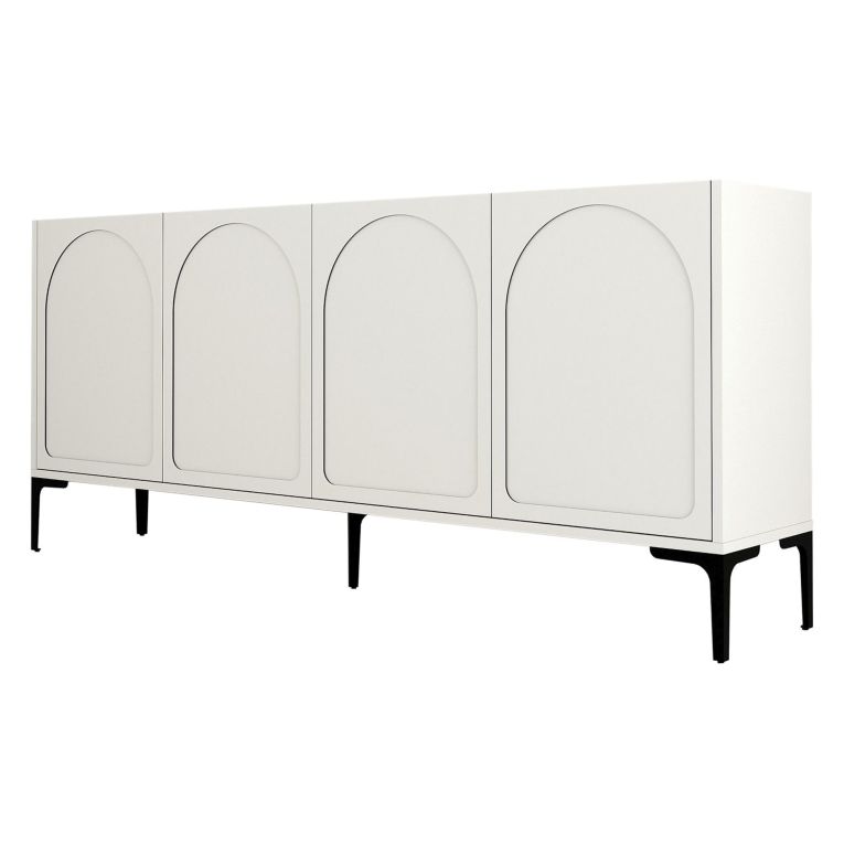 Credenza Bianco Crema Nero 2 Ripiani 4 Vani 180x35x79h cm, 4 Ante - Torno