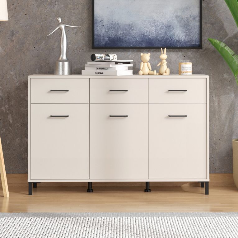 Credenza Bianco Crema Nero 3 Cassetti 3 Ripiani 138x40x90h cm, Apertura Battente e Scorrevole - Laerru