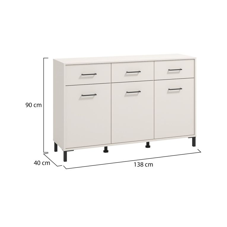 Credenza Bianco Crema Nero 3 Cassetti 3 Ripiani 138x40x90h cm, Apertura Battente e Scorrevole - Laerru
