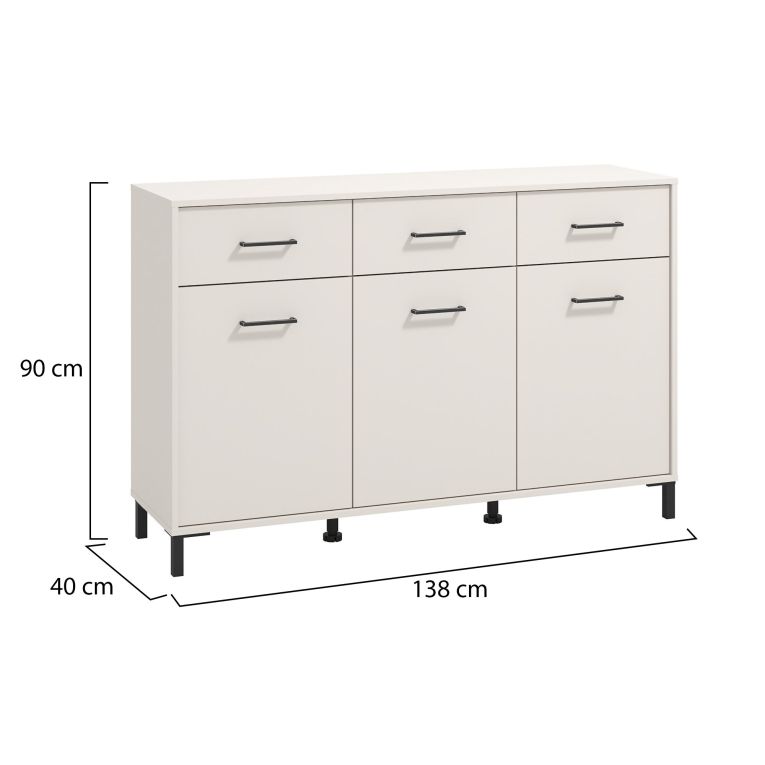 Credenza Bianco Crema Nero 3 Cassetti 3 Ripiani 138x40x90h cm, Apertura Battente e Scorrevole - Laerru