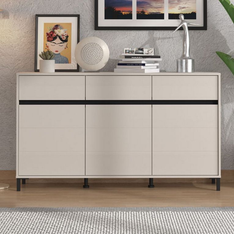 Credenza Bianco Crema Nero 3 Cassetti 3 Ripiani 157x40x90h cm, Apertura Battente e Scorrevole - Giarre