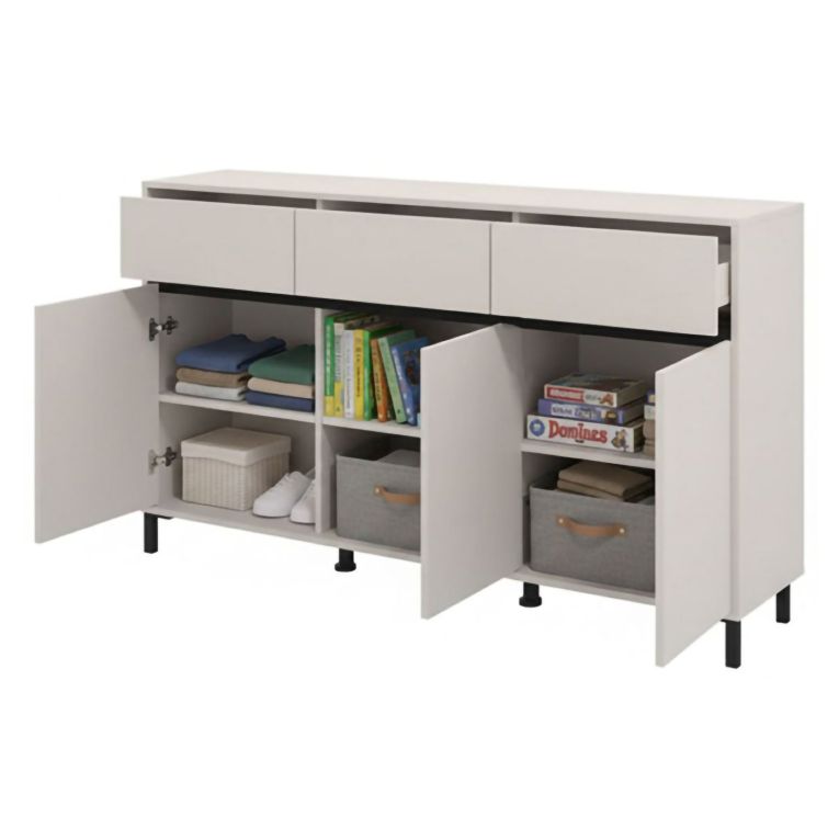 Credenza Bianco Crema Nero 3 Cassetti 3 Ripiani 157x40x90h cm, Apertura Battente e Scorrevole - Giarre