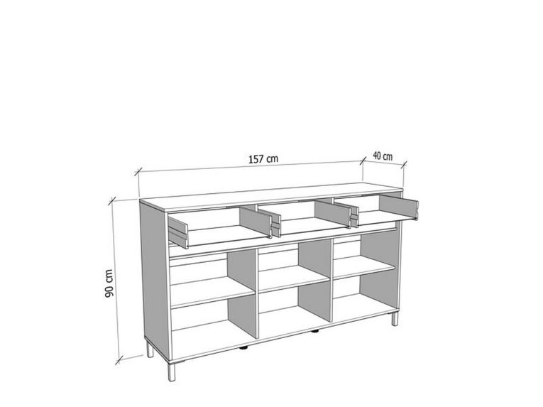 Credenza Bianco Crema Nero 3 Cassetti 3 Ripiani 157x40x90h cm, Apertura Battente e Scorrevole - Giarre