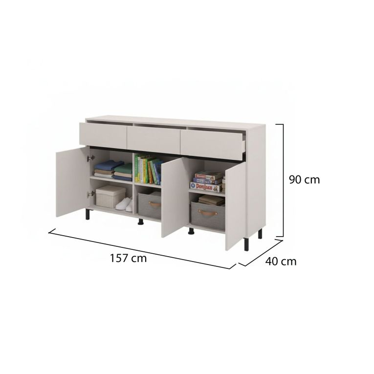 Credenza Bianco Crema Nero 3 Cassetti 3 Ripiani 157x40x90h cm, Apertura Battente e Scorrevole - Giarre