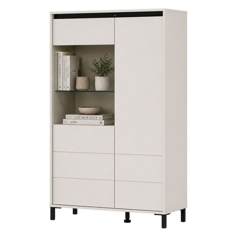 Credenza Bianco Crema Nero 4 Ripiani 6 Vani 93x40x135h cm, 2 Ante - Vignate