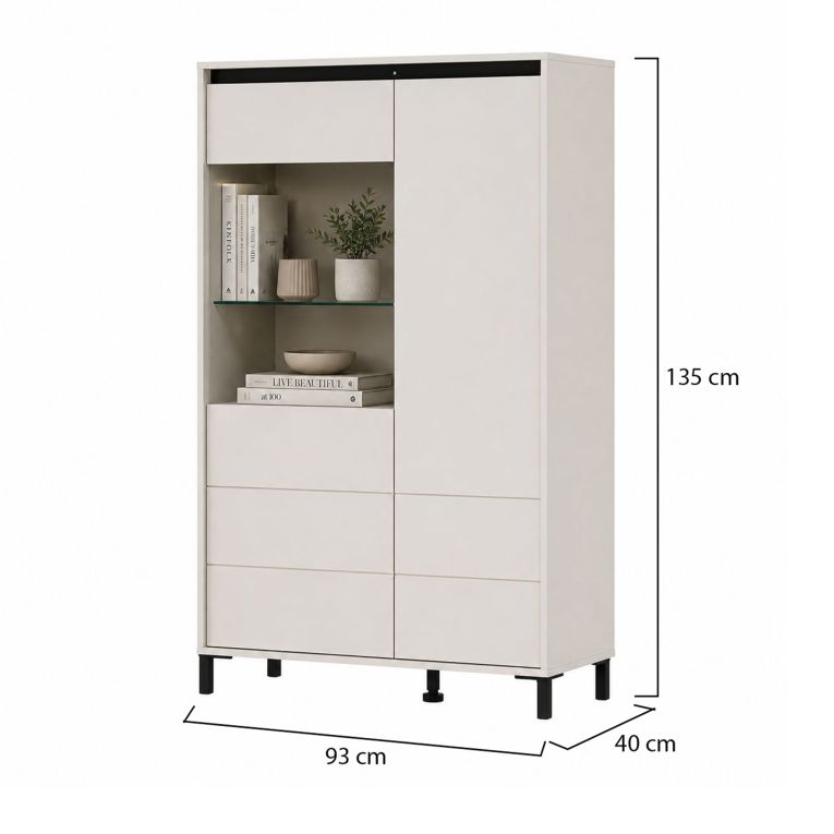 Credenza Bianco Crema Nero 4 Ripiani 6 Vani 93x40x135h cm, 2 Ante - Vignate