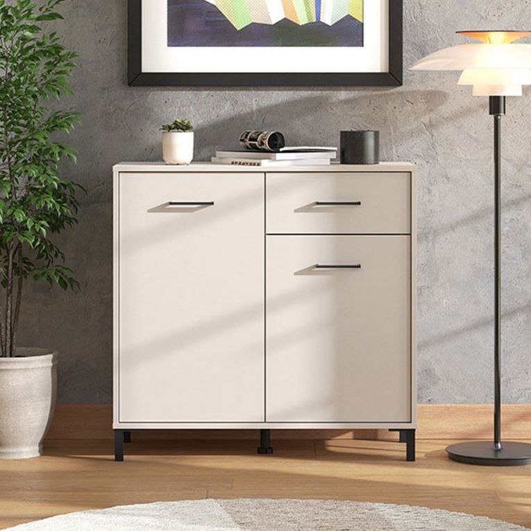 Credenza Bianco Crema Nero un Cassetto 2 Ripiani 93x40x90h cm, Apertura Battente, Scorrevole - Laerruu