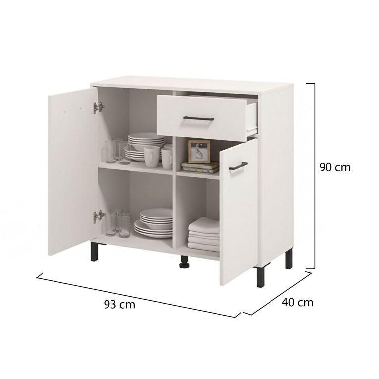 Credenza Bianco Crema Nero un Cassetto 2 Ripiani 93x40x90h cm, Apertura Battente, Scorrevole - Laerruu
