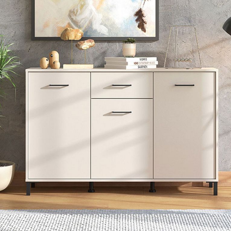 Credenza Bianco Crema Nero un Cassetto 3 Ripiani 138x40x90h cm, Apertura Battente e Scorrevole - Laerru