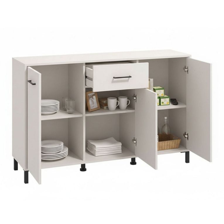 Credenza Bianco Crema Nero un Cassetto 3 Ripiani 138x40x90h cm, Apertura Battente e Scorrevole - Laerru
