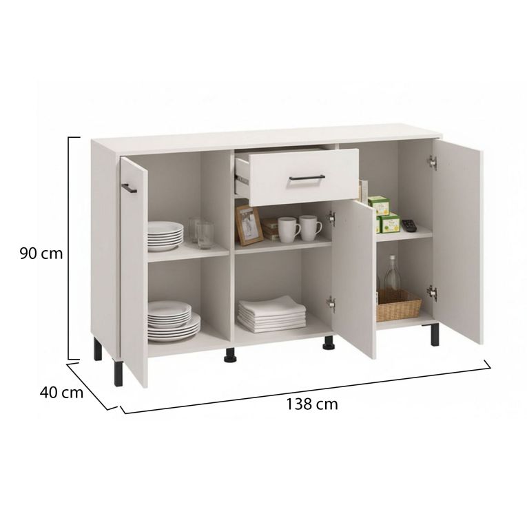 Credenza Bianco Crema Nero un Cassetto 3 Ripiani 138x40x90h cm, Apertura Battente e Scorrevole - Laerru