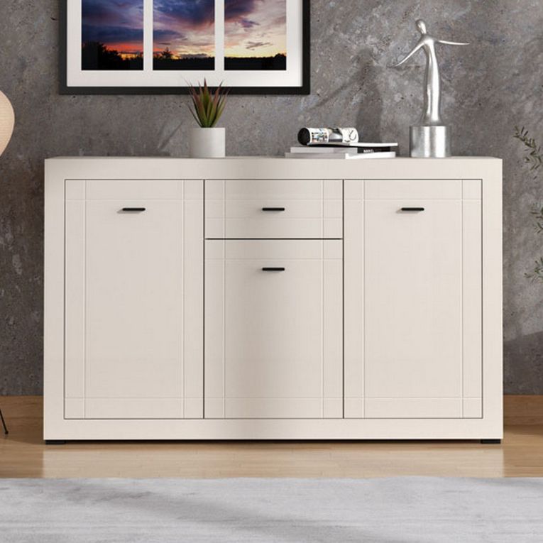 Credenza Bianco Crema Nero un Cassetto 3 Ripiani 147.5x41.5x91.5h cm, Apertura Battente e Scorrevole - Perca