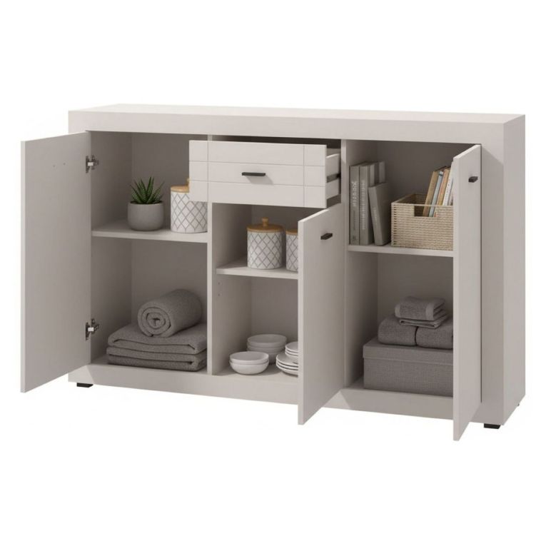 Credenza Bianco Crema Nero un Cassetto 3 Ripiani 147.5x41.5x91.5h cm, Apertura Battente e Scorrevole - Perca