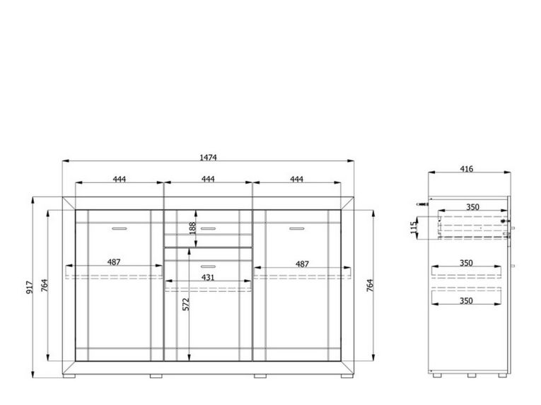 Credenza Bianco Crema Nero un Cassetto 3 Ripiani 147.5x41.5x91.5h cm, Apertura Battente e Scorrevole - Perca
