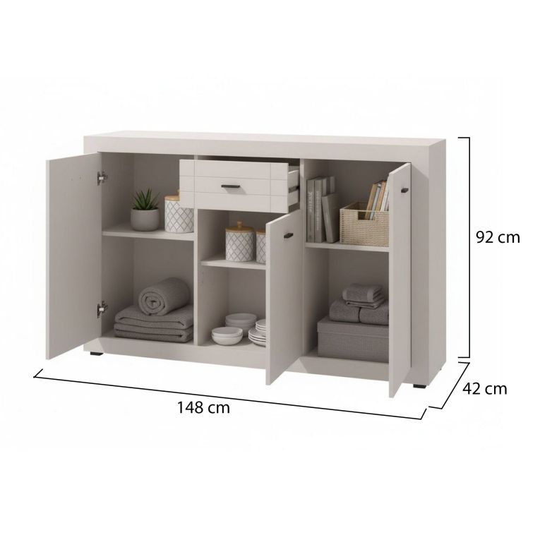 Credenza Bianco Crema Nero un Cassetto 3 Ripiani 147.5x41.5x91.5h cm, Apertura Battente e Scorrevole - Perca