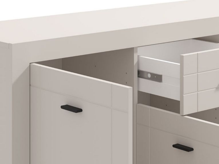 Credenza Bianco Crema Nero un Cassetto 3 Ripiani 147.5x41.5x91.5h cm, Apertura Battente e Scorrevole - Perca