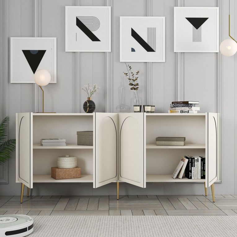 Credenza Bianco Crema oro 2 Ripiani 4 Vani 180x35x80h cm, 4 Ante - Torno