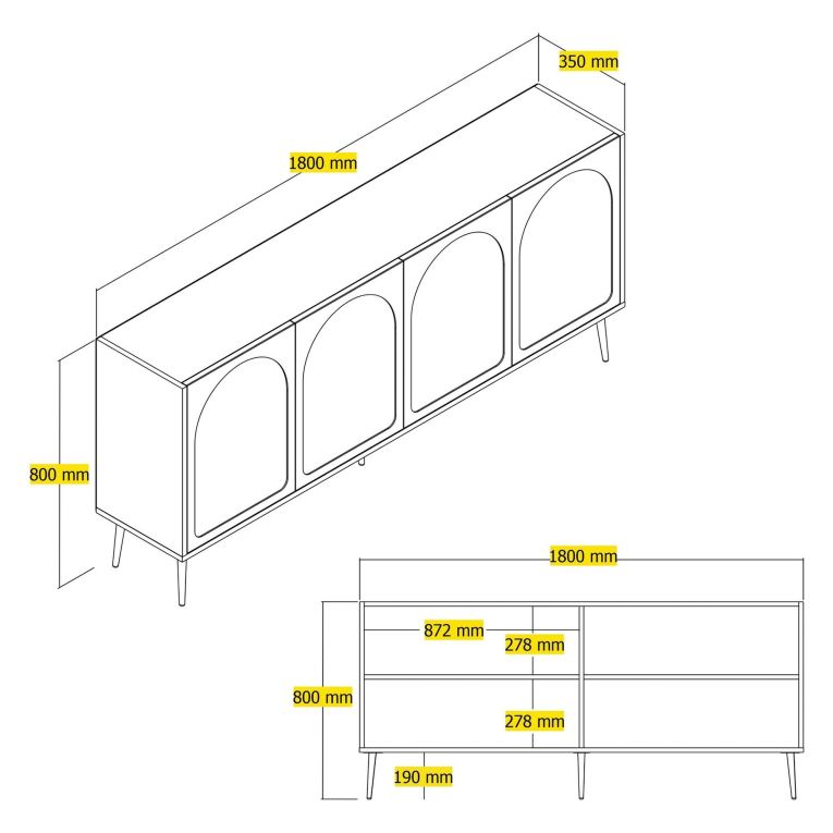 Credenza Bianco Crema oro 2 Ripiani 4 Vani 180x35x80h cm, 4 Ante - Torno