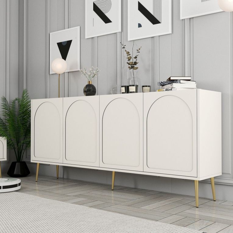 Credenza Bianco Crema oro 2 Ripiani 4 Vani 180x35x80h cm, 4 Ante - Torno