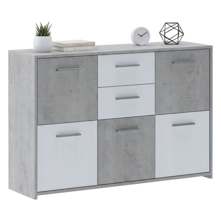 Credenza Bianco Grigio Cemento 2 Cassetti Ripiani 114x33x78h cm, Apertura - Pineto
