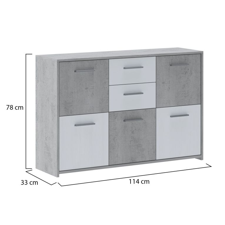 Credenza Bianco Grigio Cemento 2 Cassetti Ripiani 114x33x78h cm, Apertura - Pineto