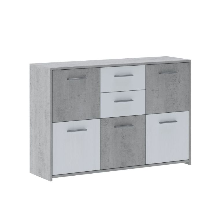 Credenza Bianco Grigio Cemento 2 Cassetti Ripiani 114x33x78h cm, Apertura - Pineto