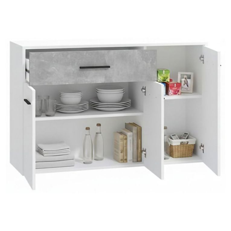 Credenza Bianco Grigio Cemento un Cassetto 2 Ripiani 119x33x80.5h cm, Apertura Battente e Scorrevole - Sanza