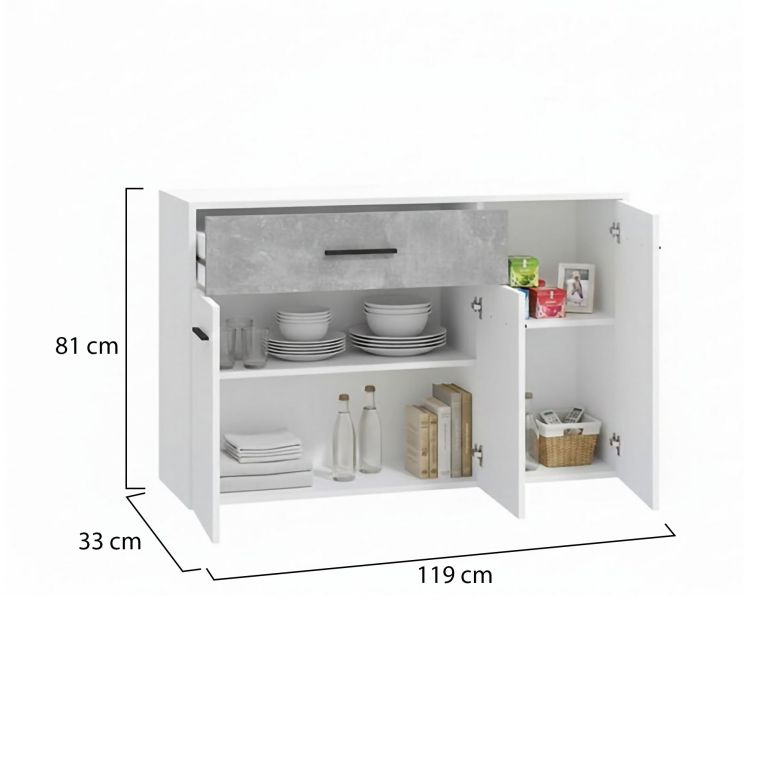 Credenza Bianco Grigio Cemento un Cassetto 2 Ripiani 119x33x80.5h cm, Apertura Battente e Scorrevole - Sanza