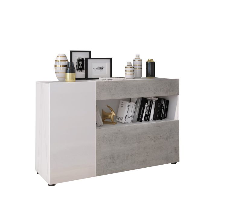 Credenza Bianco Grigio Cemento un Cassetto 2 Ripiani 130x41x82h cm, Apertura Battente, a Ribalta - Carbonia