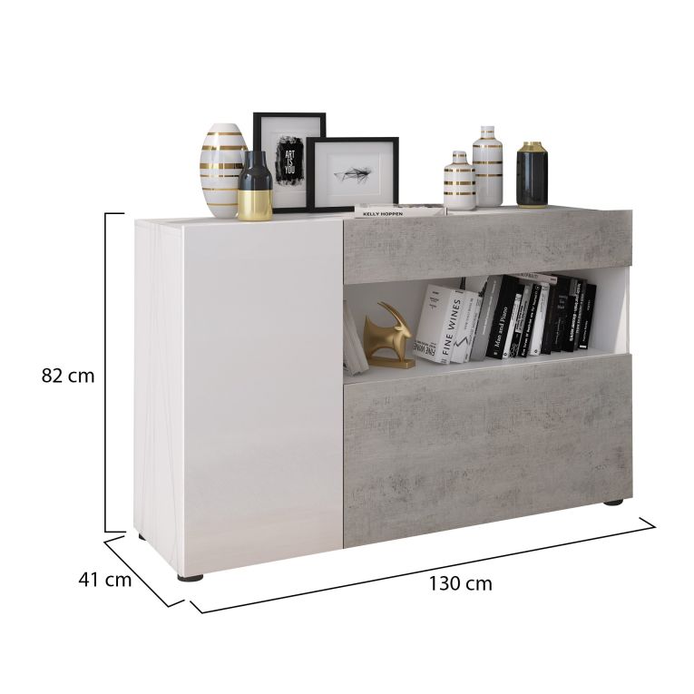 Credenza Bianco Grigio Cemento un Cassetto 2 Ripiani 130x41x82h cm, Apertura Battente, a Ribalta - Carbonia