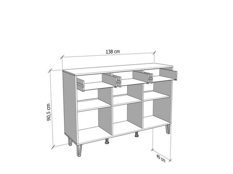 Credenza Bianco Grigio Chiaro 3 Ripiani 3 Cassetti 138x40x90.5h cm, 3 Ante - Paglieta