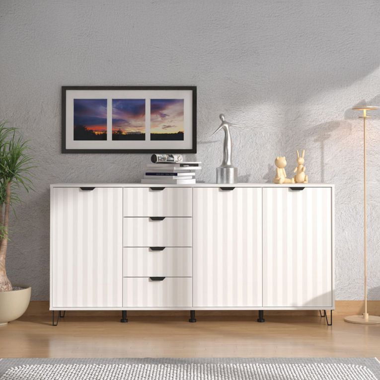 Credenza Bianco Grigio Chiaro 3 Ripiani 4 Cassetti 182.5x40x90.5h cm, 3 Ante - Paglieta