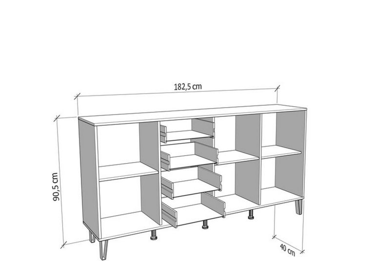 Credenza Bianco Grigio Chiaro 3 Ripiani 4 Cassetti 182.5x40x90.5h cm, 3 Ante - Paglieta
