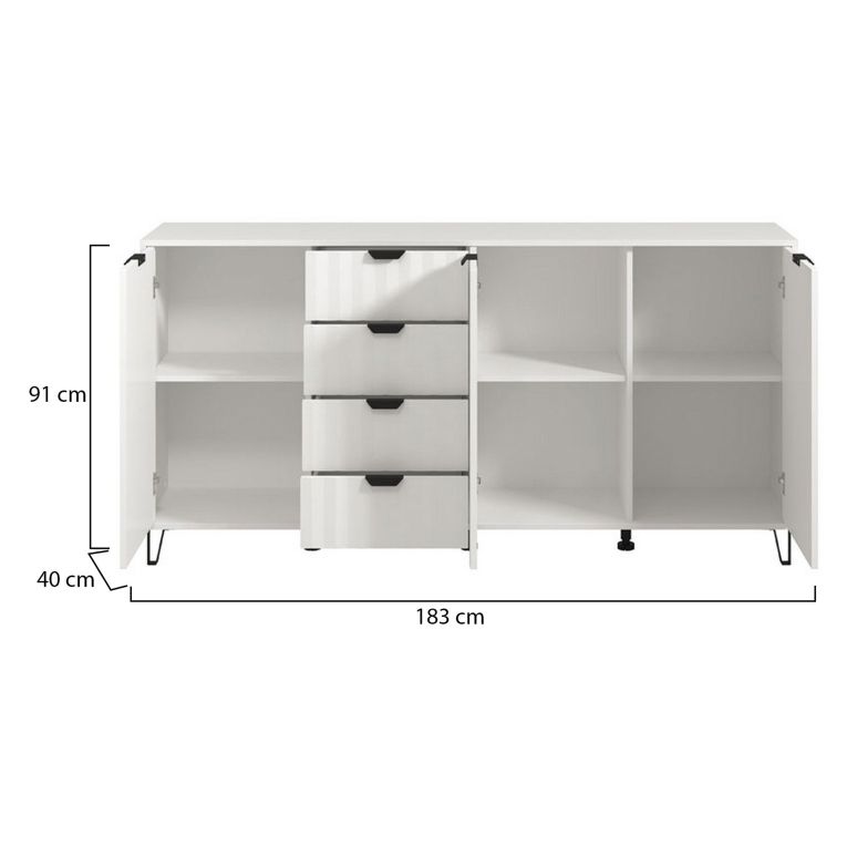 Credenza Bianco Grigio Chiaro 3 Ripiani 4 Cassetti 182.5x40x90.5h cm, 3 Ante - Paglieta