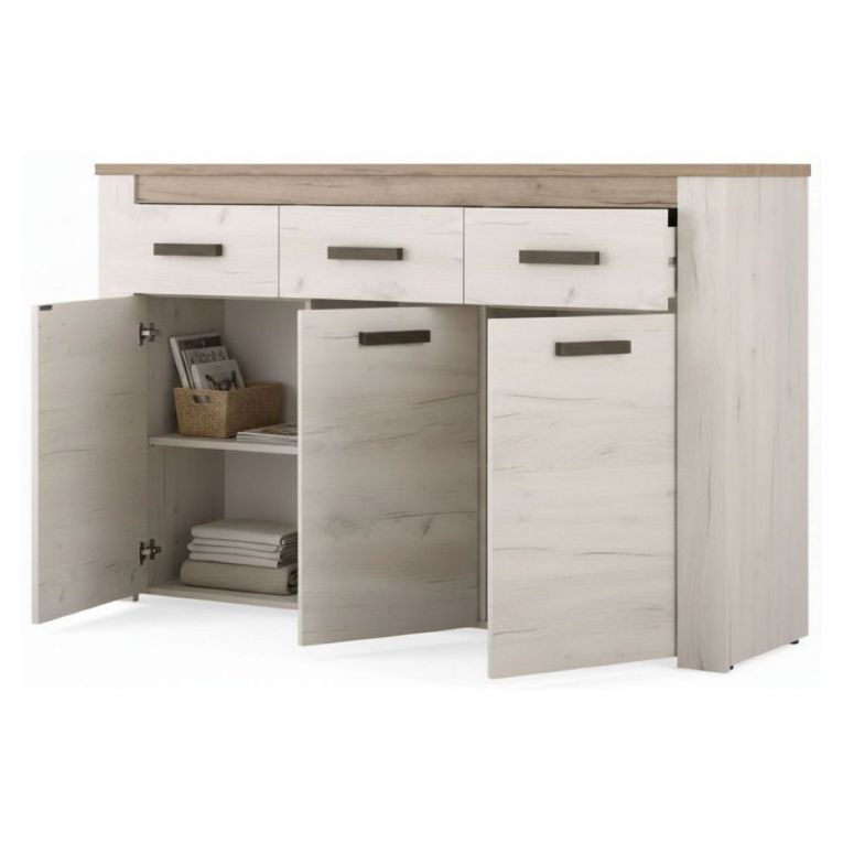 Credenza Bianco Larice Marrone Rovere 3 Ripiani 3 Cassetti 160x36.5x98h cm, 3 Ante - Scena