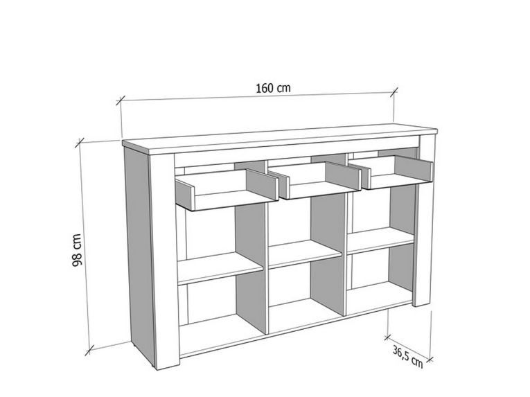Credenza Bianco Larice Marrone Rovere 3 Ripiani 3 Cassetti 160x36.5x98h cm, 3 Ante - Scena