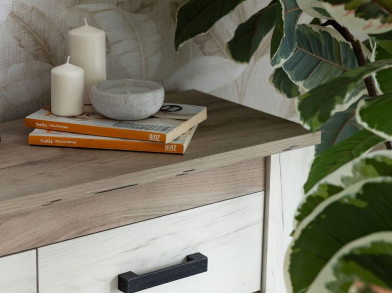 Credenza Bianco Larice Marrone Rovere 3 Ripiani 3 Cassetti 160x36.5x98h cm, 3 Ante - Scena