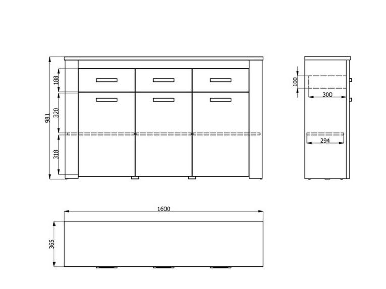 Credenza Bianco Larice Marrone Rovere 3 Ripiani 3 Cassetti 160x36.5x98h cm, 3 Ante - Scena